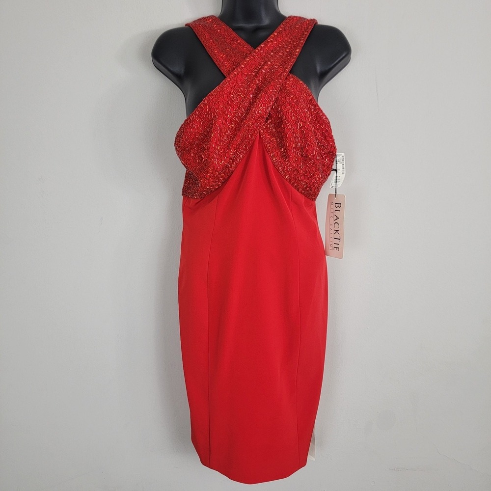 Oleg Cassini Black Tie Dress Sz‎ 4 Sequins Beads Love Holiday Red Cocktail Party
